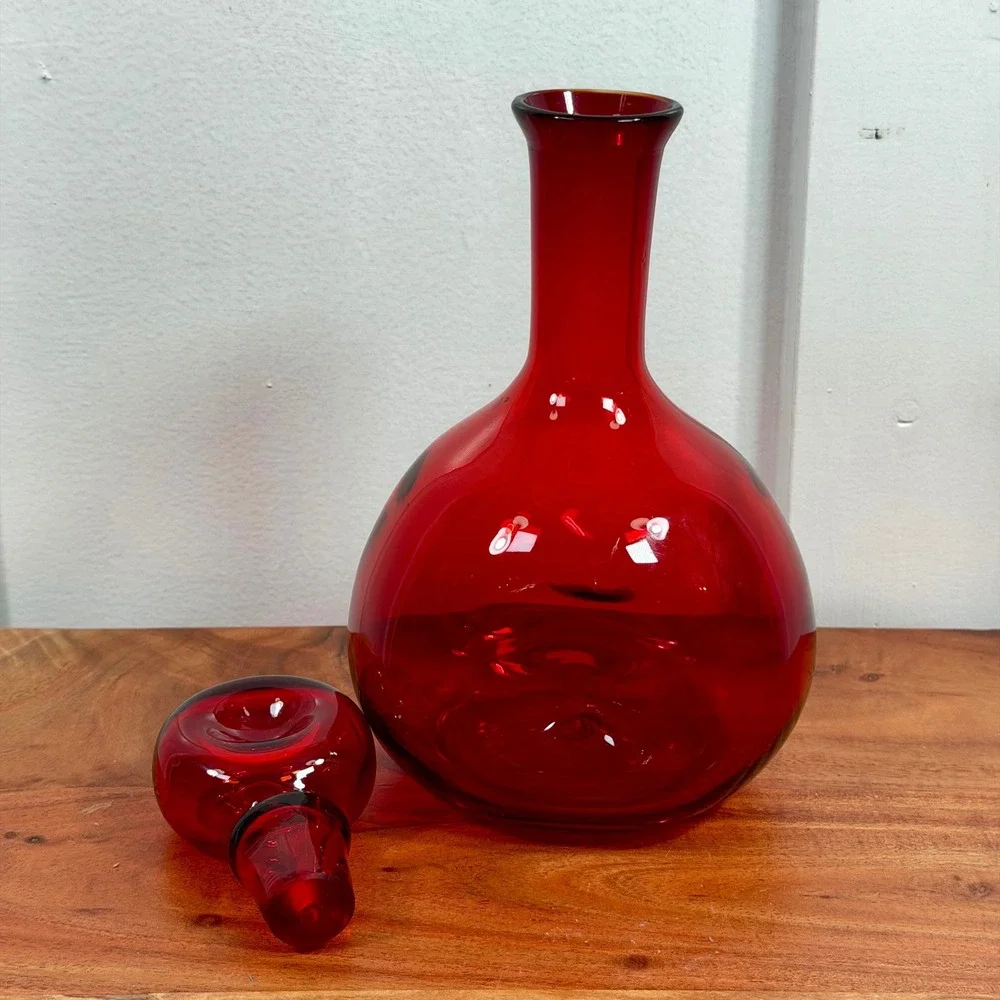 Vintage‎ Ruby Red Glass Decanter Set with Ball Stopper and 7 Shot Glasses MCM